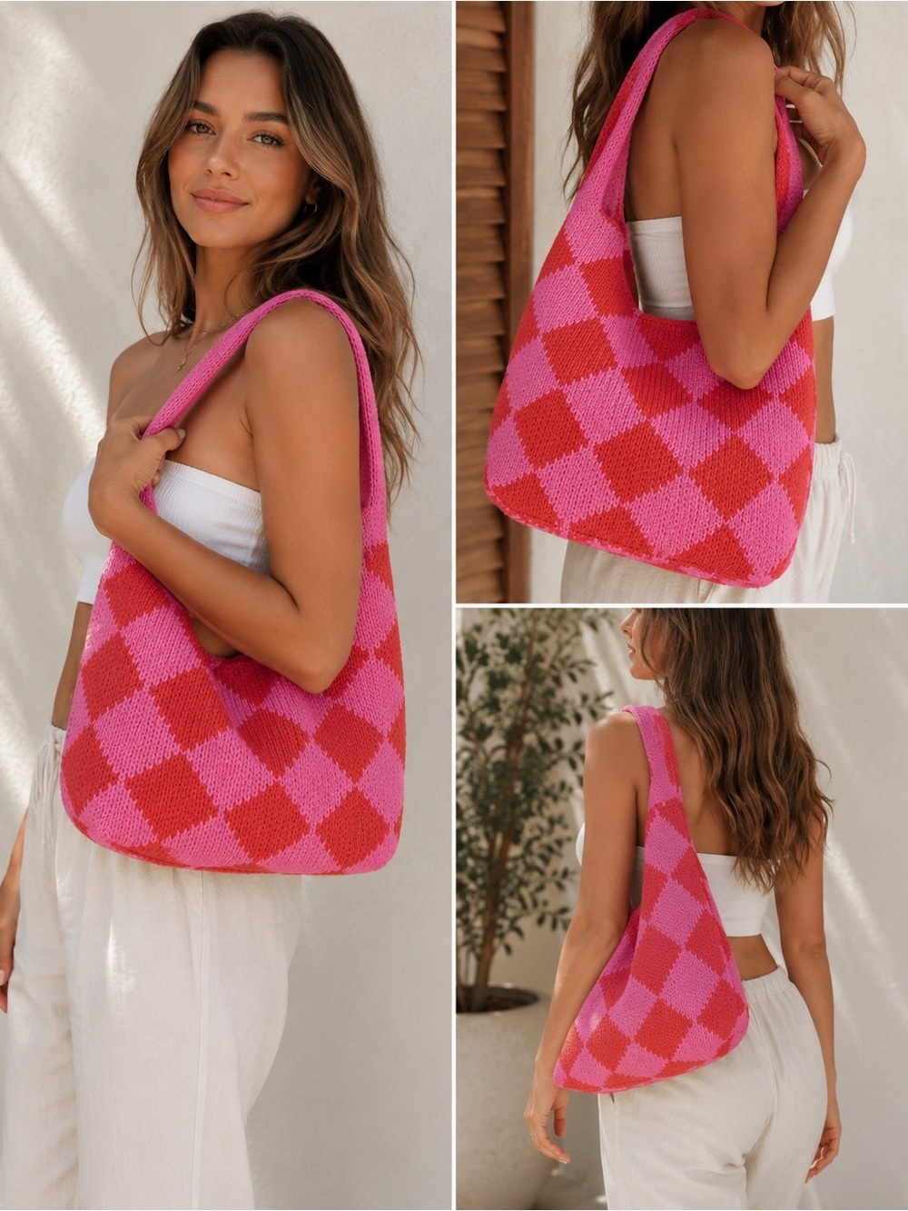 Kopari Pink Checkerboard Knit Tote Bag